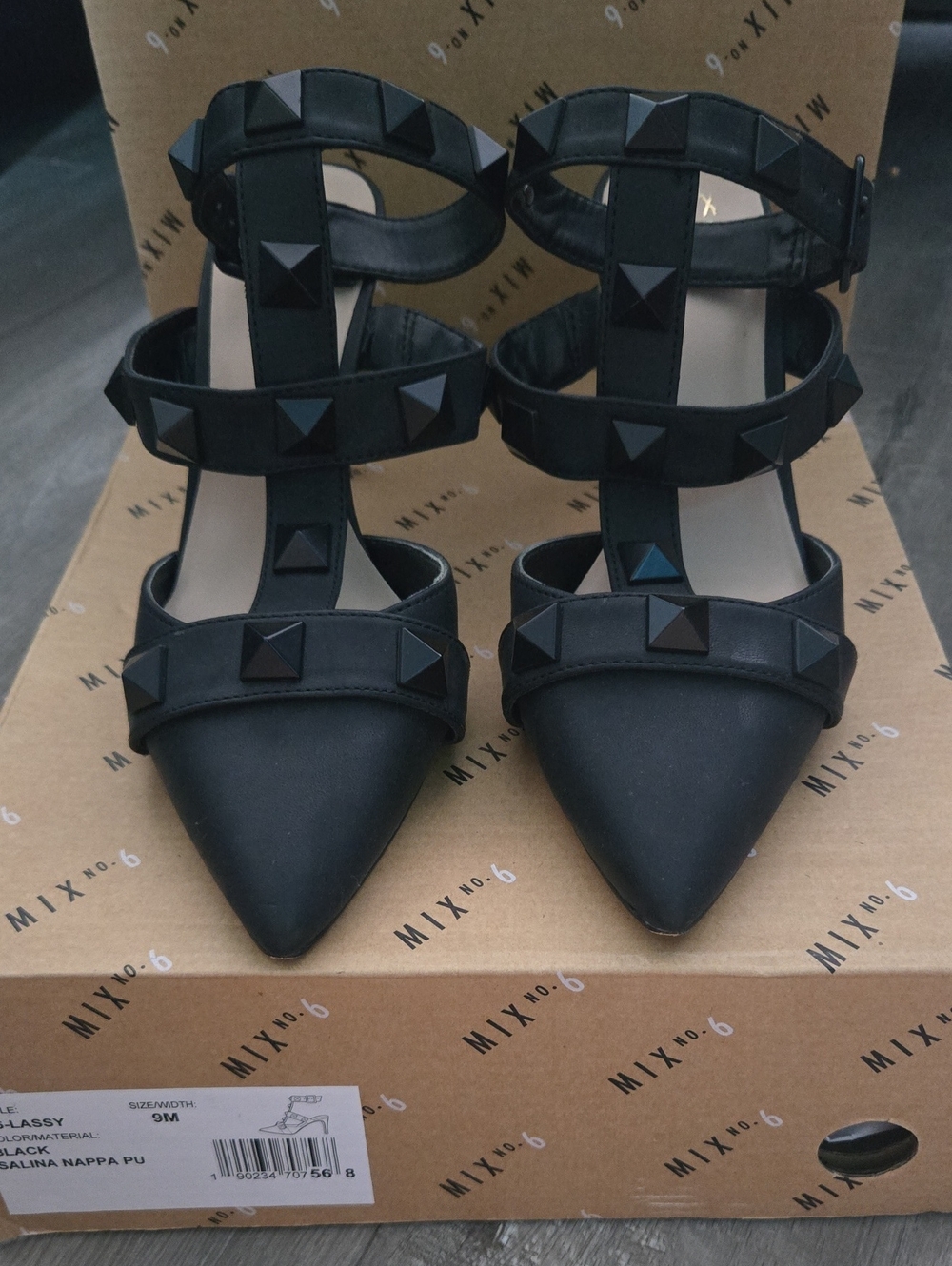 Mix No. 6 Black Studded Pointed-Toe Strappy Heels